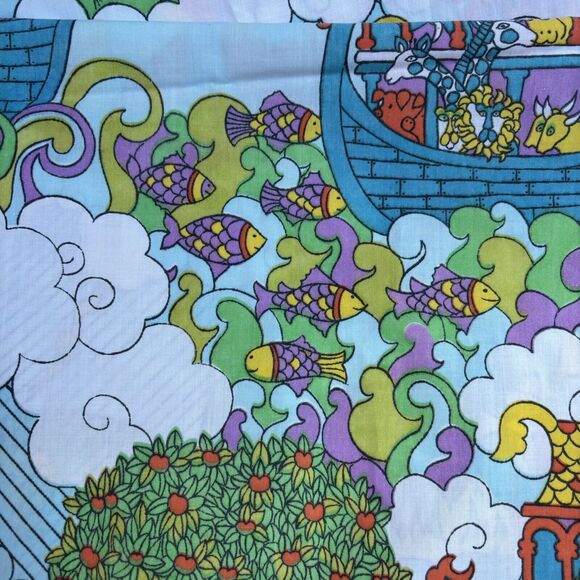 Vtg Sears Childrens Noah Ark 60s 70s Twin Bed Fitted & Flat Sheet Set Color READ - Picture 6 of 12